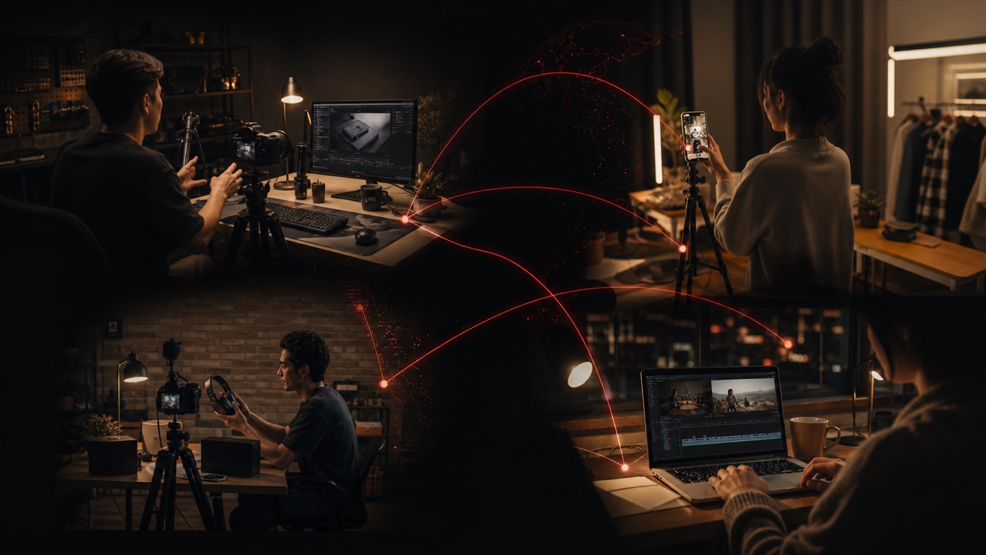 Illustrative global creator production network across technology education, short-form video, product review and editing workflows