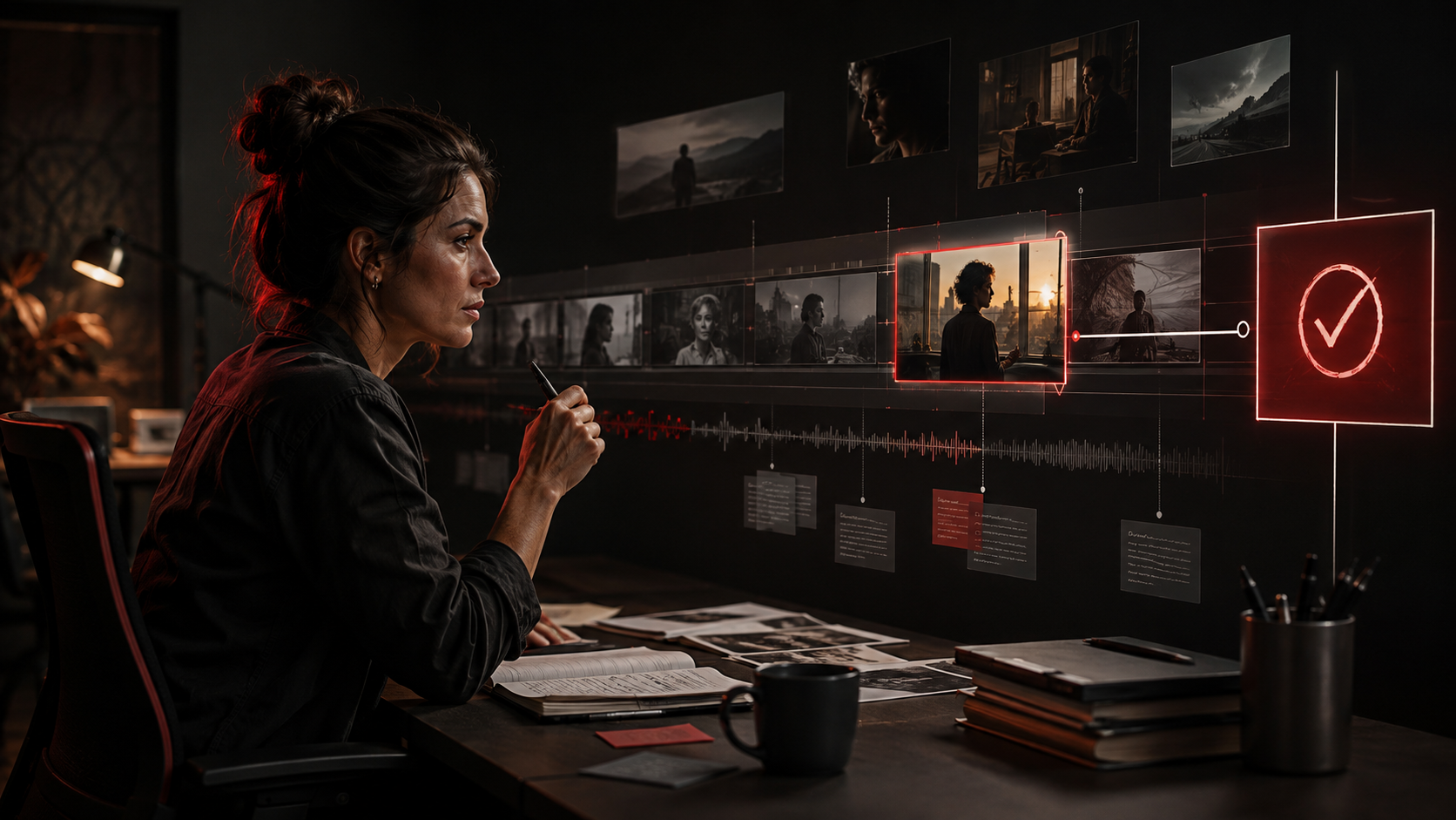 Creator operations reviewer checking a long video timeline with a visible human approval checkpoint