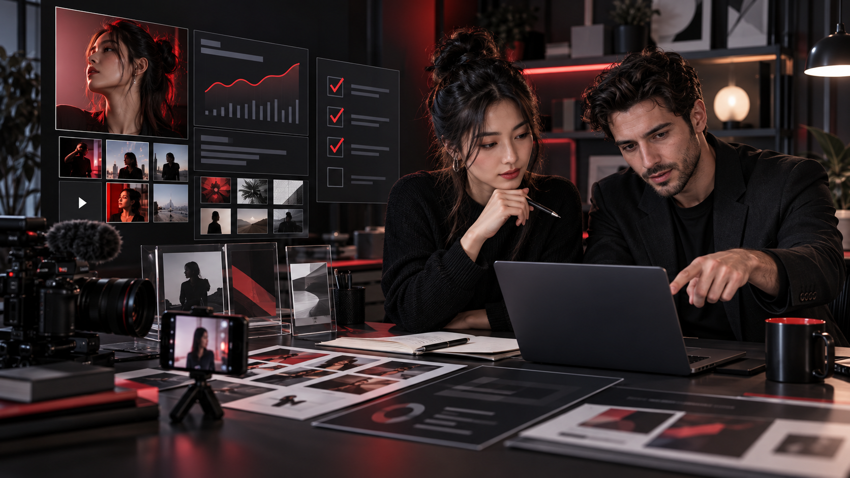 Creator and manager reviewing a media kit, recent performance evidence and portfolio selections in a dark operations studio