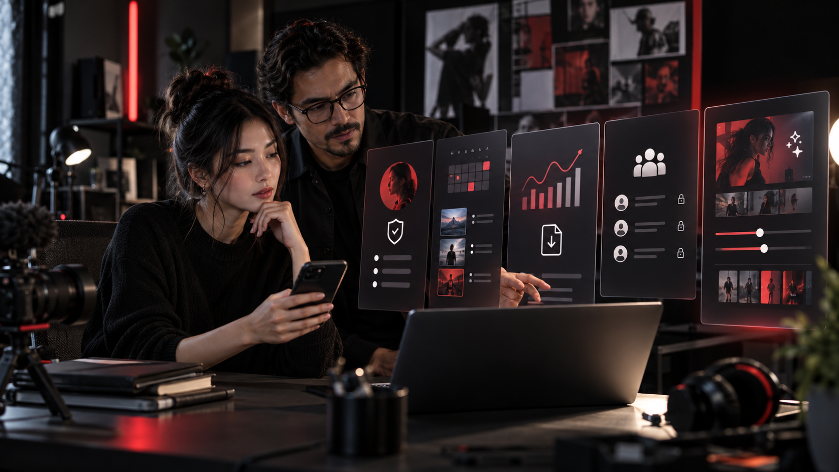 Creator and operations manager comparing profile, publishing, analytics, secure team access and AI editing capabilities before choosing a subscription