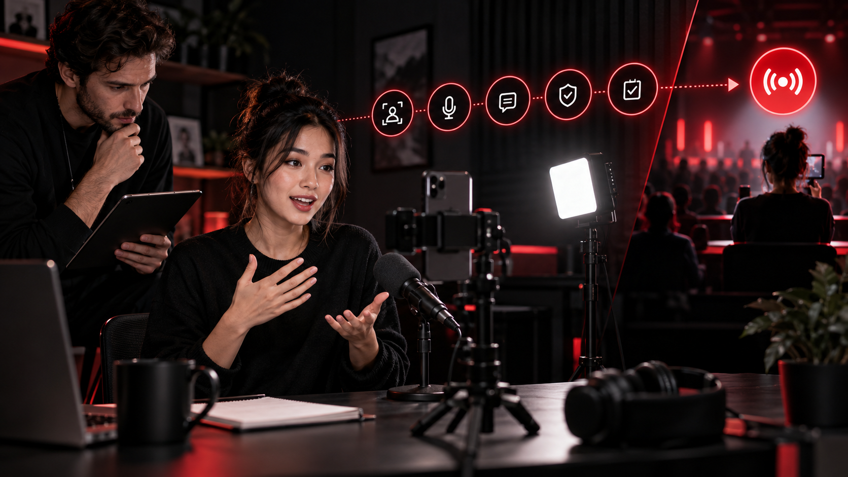 Creator and manager rehearsing a mobile live stream through framing, audio, moderation and go-live checkpoints